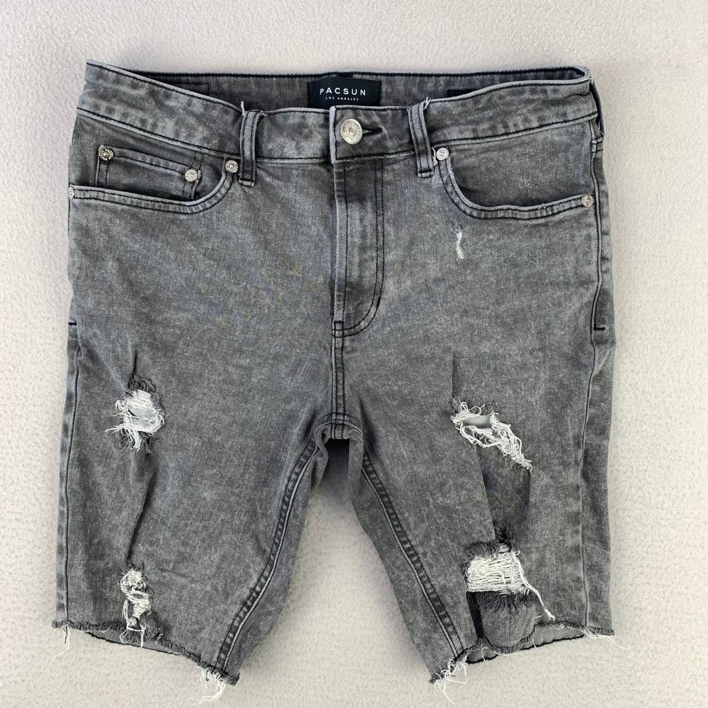 PacSun Distressed Denim Shorts Jorts‎ Mens 32 Gray Acid Wash Cut Off Stretch